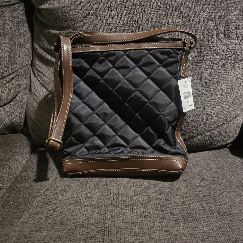 Quilted Black and Brown Crossbody Bag with Gold-Tone Hardware